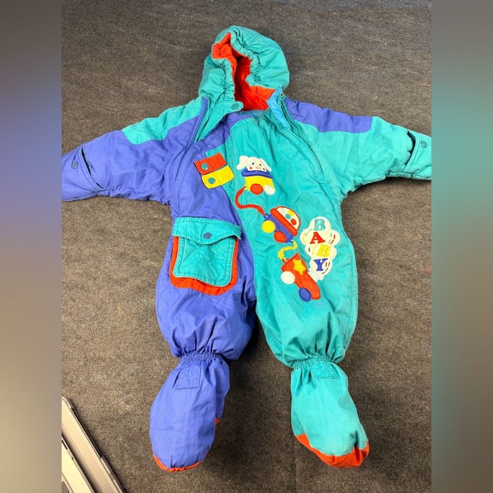 Colorful Baby Snowsuit with Fun Patches vintage climate control